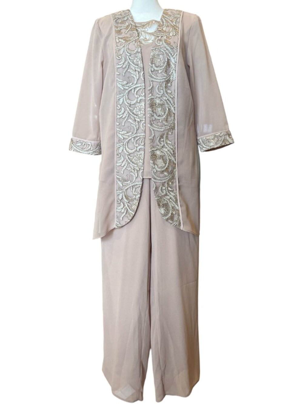NWT Pristine Embroidered Sequin 3-Pc Pant Suit Size 10 Jacket, Pants & Shell Top
